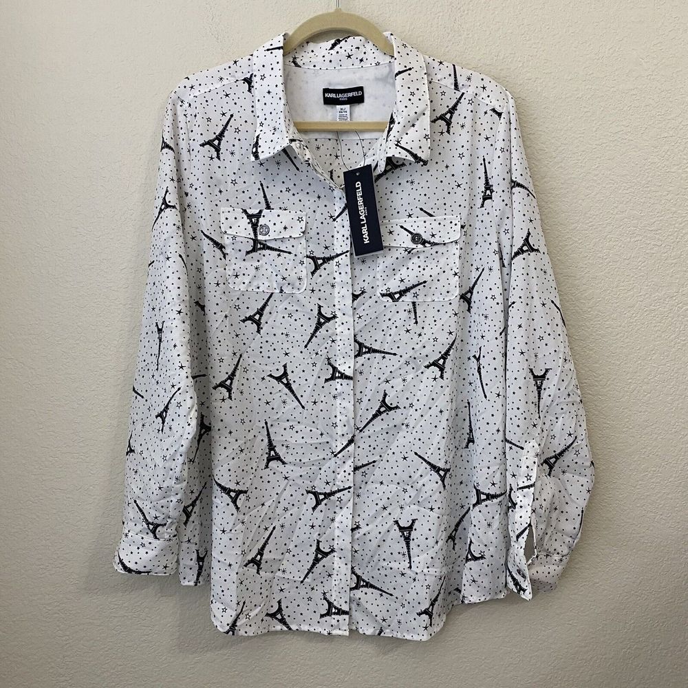 Karl Lagerfeld Paris Blouse Top XL Eiffel Tower Stars Print Button Front New P3